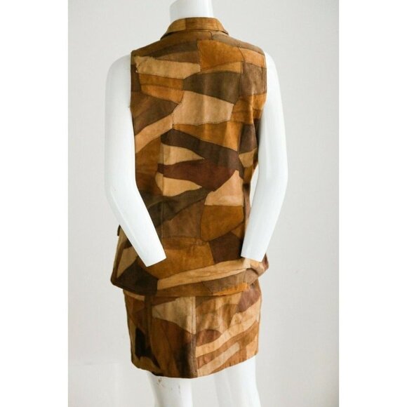 Vintage 90s Buttery Soft Brown Suede Patchwork 2  piece skirt and vest S… - Picture 6 of 12
